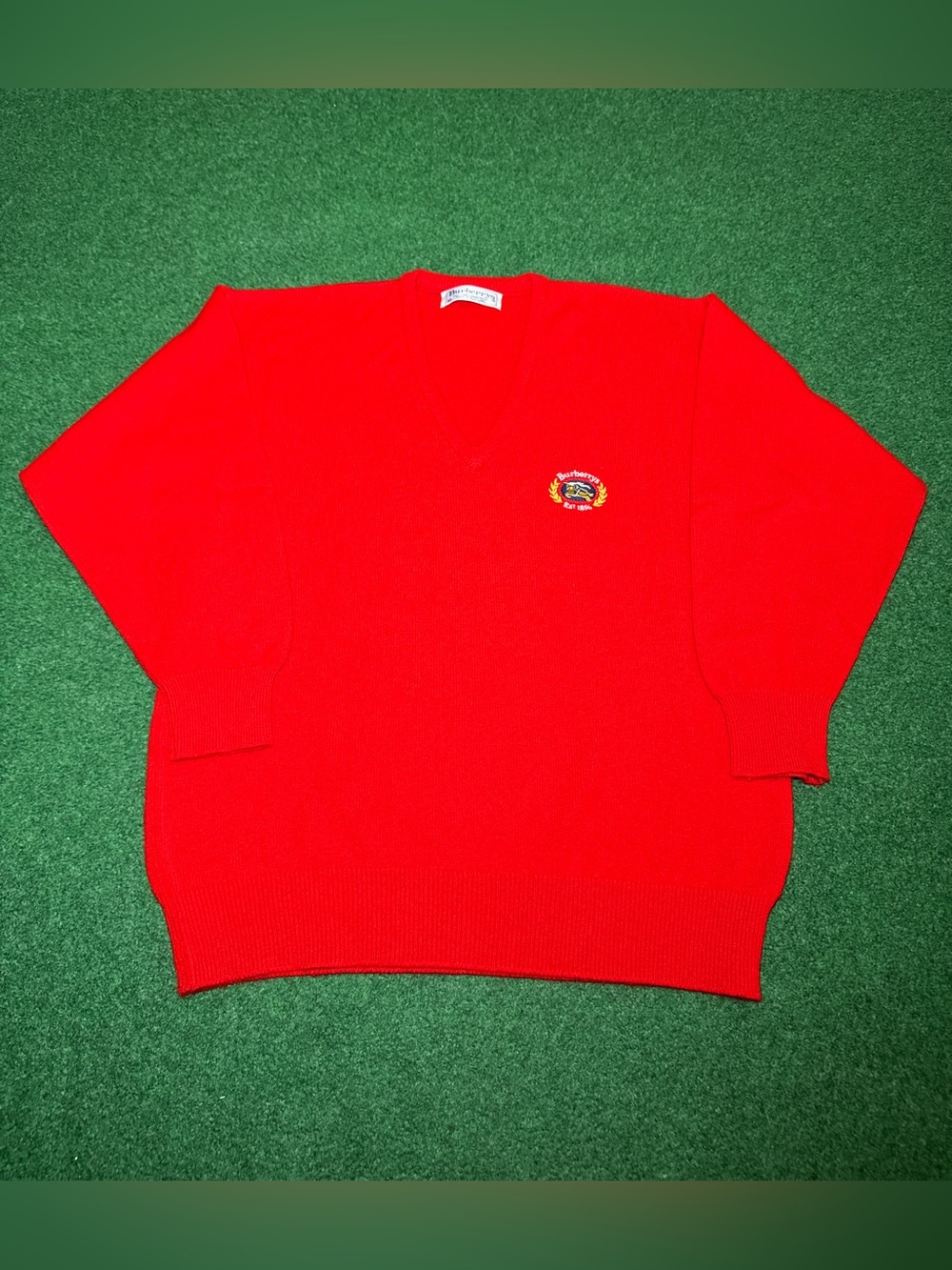 Burberry Lambseool Sweater Vintage Red V Neck 90s Designer M/L 23x28